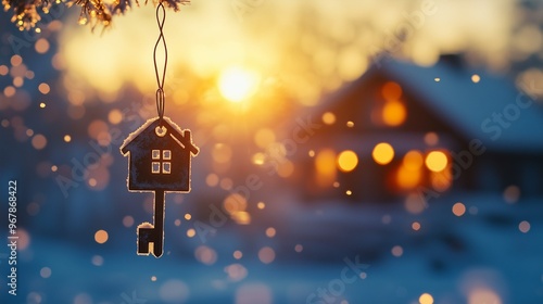 A house-shaped key hanging in a winter sunset, symbolizing property and belonging during Christmas, blending festive warmth with the cold beauty of winter.
 photo