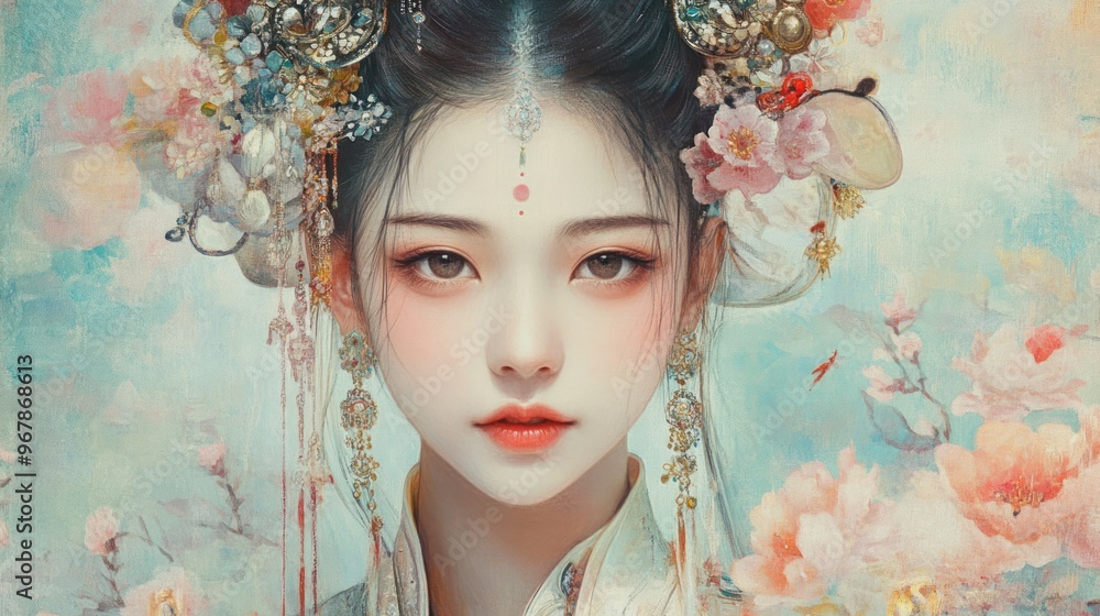Portrait of a Woman in Traditional Chinese Attire with Flowers and Ornate Headpiece Portrait of a Woman in Traditional Chinese Attire with Flowers and Ornate Headpiece