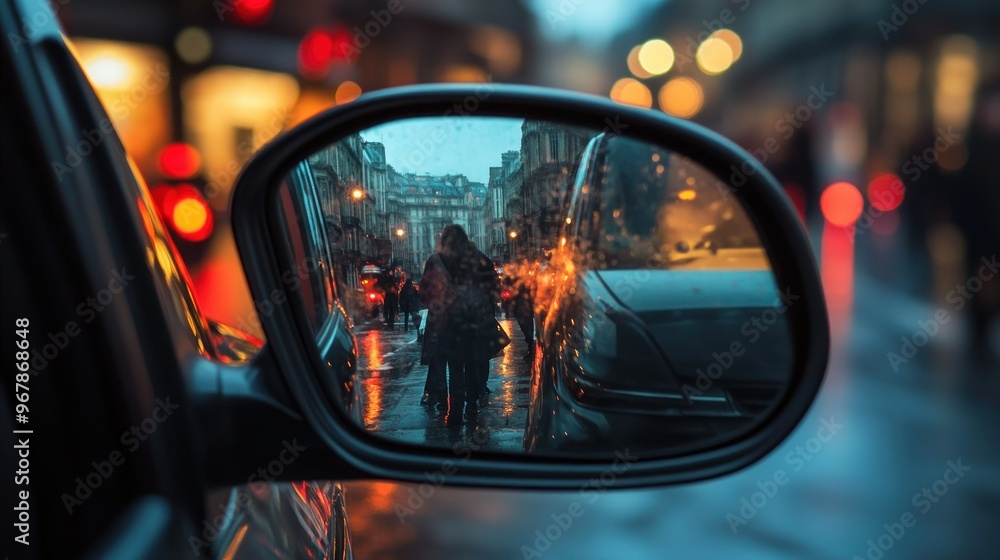 A rainy street scene reflected in a car's side mirror, capturing urban life and mood. A rainy street scene reflected in a car's side mirror, capturing urban life and mood.