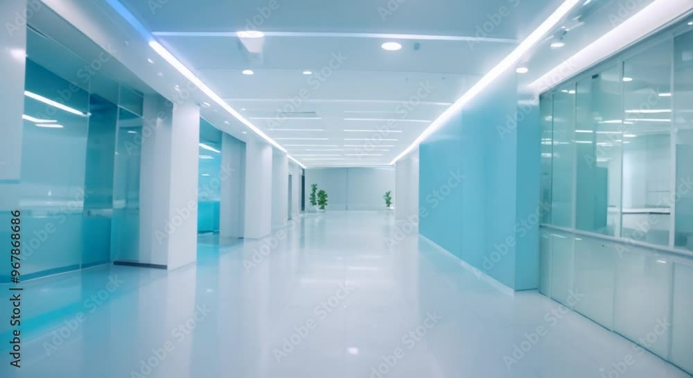 Long hospital bright corridor with blue doors Long hospital bright corridor with blue doors