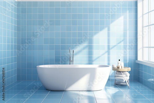 A serene bathroom retreat with blue tiles and a stylish soaking tub beside a sunlit window