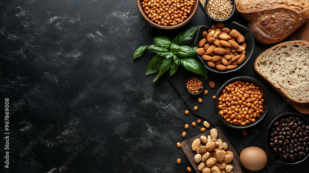 Assortment of healthy plant-based ingredients including almonds, seeds, grains, bread, and fresh basil leaves arranged on a dark surface, perfect for vegan, nutrition, and whole foods themes Assortment of healthy plant-based ingredients including almonds, seeds, grains, bread, and fresh basil leaves arranged on a dark surface, perfect for vegan, nutrition, and whole foods themes