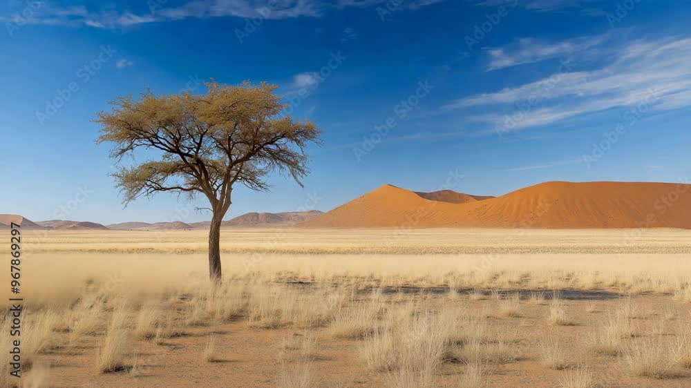 a lone tree and yellow savannah grass sway in wind under blue sky on sunny day a lone tree and yellow savannah grass sway in wind under blue sky on sunny day