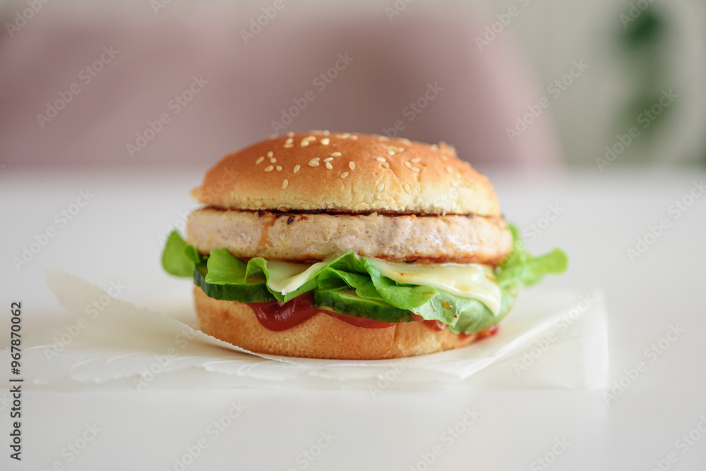 Homemade cheeseburger on white table. Front view Homemade cheeseburger on white table. Front view