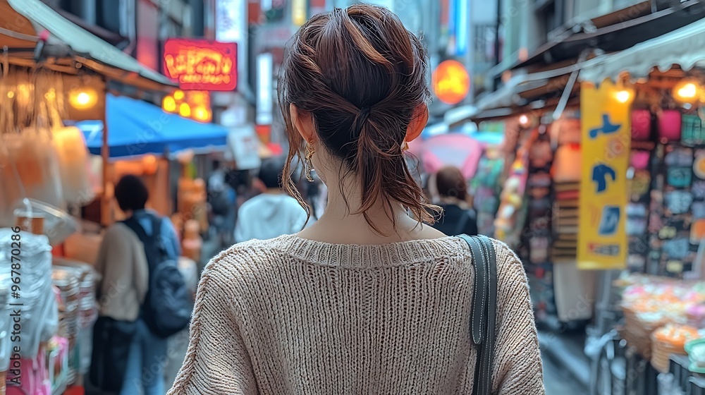 Model in a light summer knit walking down a narrow alley in a vibrant city, surrounded by colorful street vendors and bustling activity, neon lights glowing in the background, Model in a light summer knit walking down a narrow alley in a vibrant city, surrounded by colorful street vendors and bustling activity, neon lights glowing in the background,