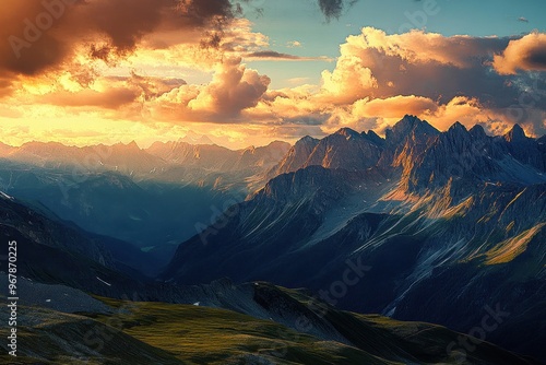 A breathtaking Majestic Landscape - Mountain Valley in the Warm Glow of Sunset with Dramatic Skies Overhead