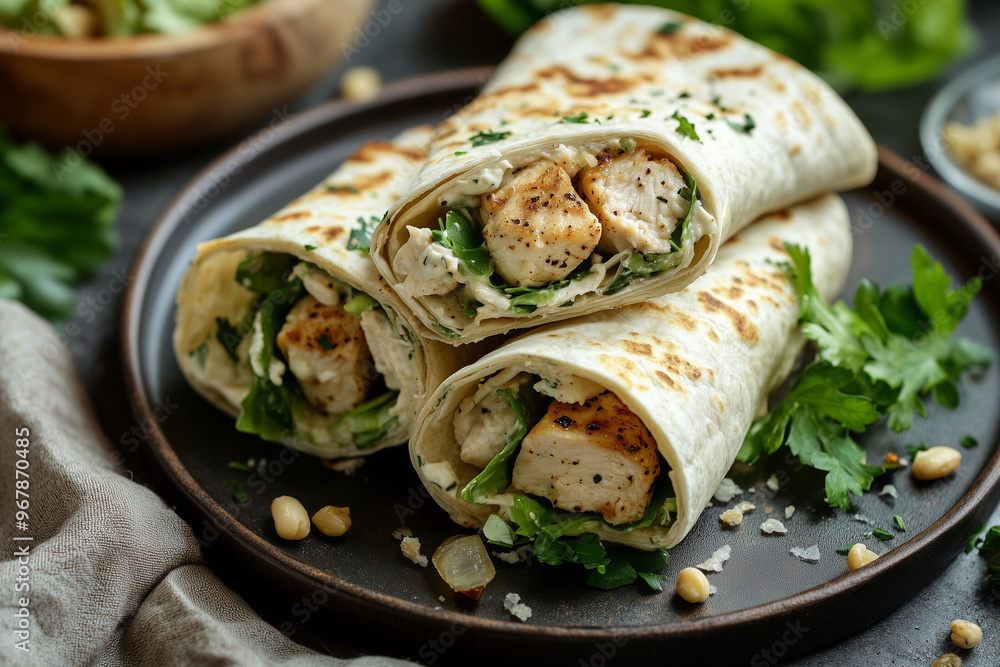 Savoring garlic chicken Caesar wraps with fresh greens on a rustic wooden table Savoring garlic chicken Caesar wraps with fresh greens on a rustic wooden table