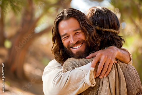 Jesus Christ hugging and smiling at someone.