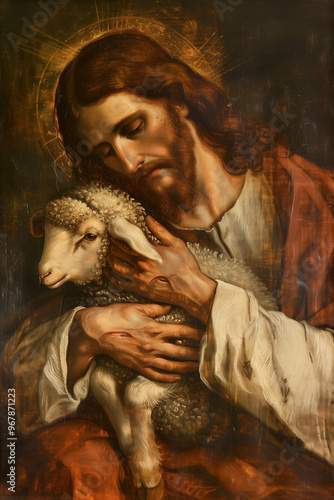 Christ the good shepherd calming a small lamb.