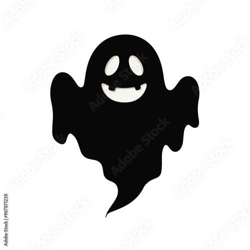 A simple and minimalist silhouette of a cheerful ghost. The ghost is completely black with a wide, friendly smile and large oval eyes, giving it a playful and approachable appearance 