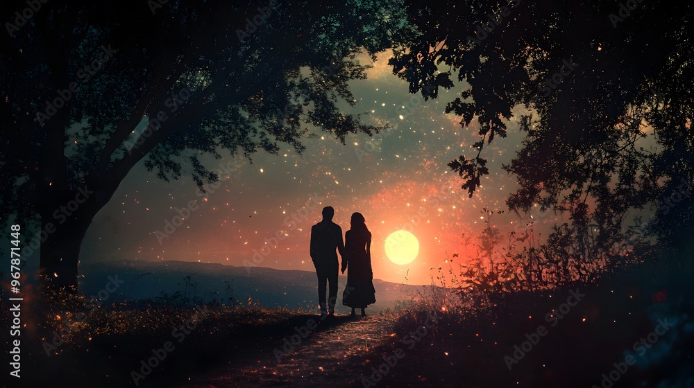 a pair of lovers silhouetted against beautiful nature a pair of lovers silhouetted against beautiful nature