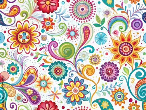 Vibrant colored doodle patterns of swirly shapes, florals, and geometric designs converge in a mesmerizing abstract