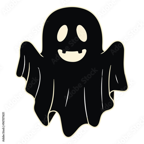 A simple and minimalist silhouette of a cheerful ghost. The ghost is completely black with a wide, friendly smile and large oval eyes, giving it a playful and approachable appearance 