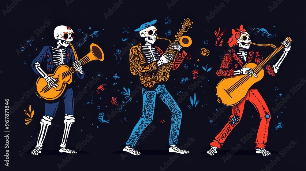 Fototapeta premium Joyful skeleton band playing instruments and dancing, illustrated in a Day of the Dead inspired style. Vibrant colors and intricate patterns adorn their bones.