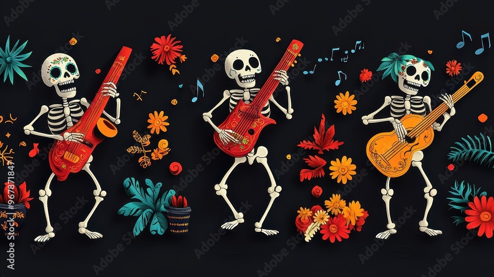 Joyful skeleton band playing instruments and dancing, illustrated in a Day of the Dead inspired style. Vibrant colors and intricate patterns adorn their bones. Joyful skeleton band playing instruments and dancing, illustrated in a Day of the Dead inspired style. Vibrant colors and intricate patterns adorn their bones.