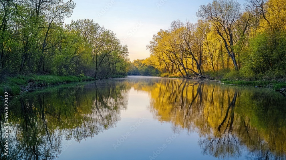 A serene river scene reflecting trees and sky during golden hour. A serene river scene reflecting trees and sky during golden hour.