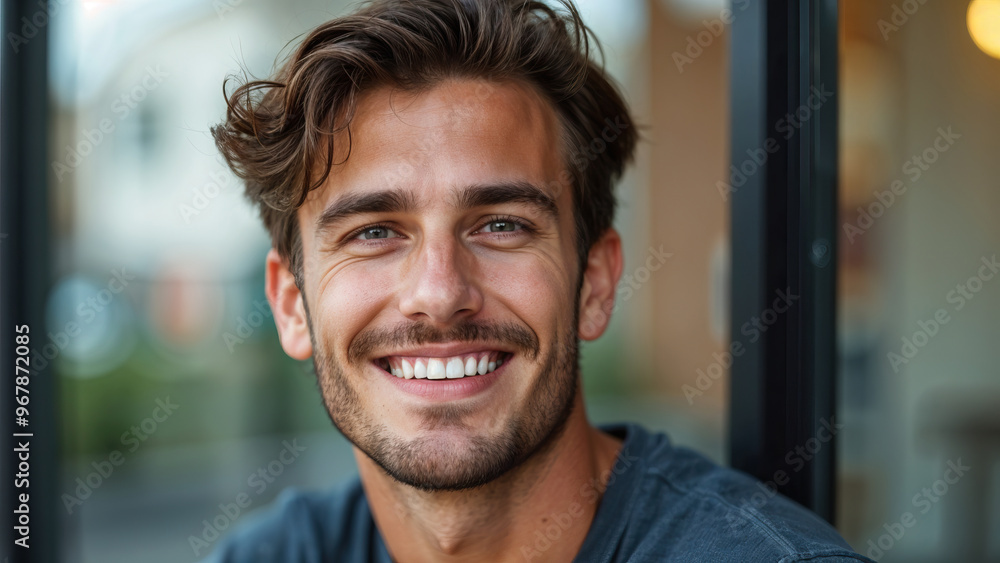close up portrait photo of young smiling handsome man blurred background close up portrait photo of young smiling handsome man blurred background