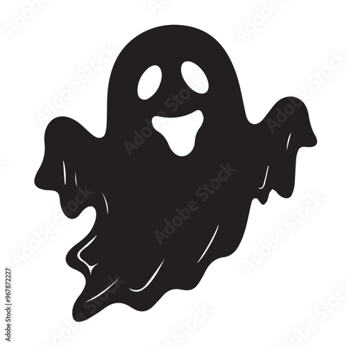 A simple and minimalist silhouette of a cheerful ghost. The ghost is completely black with a wide, friendly smile and large oval eyes, giving it a playful and approachable appearance 