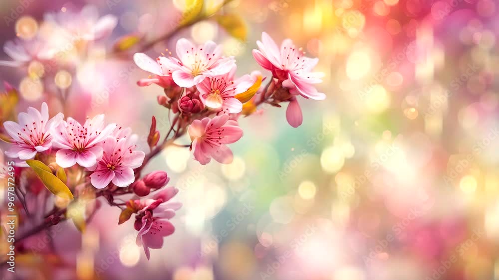 A beautiful close-up of pink cherry blossoms against a colorful, blurred background. A beautiful close-up of pink cherry blossoms against a colorful, blurred background.