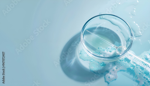 Wallpaper Mural Glass pipette and petri dish with liquid on light blue background, closeup Torontodigital.ca