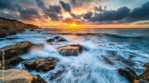 A stunning sunset over a rocky coastline with waves crashing against the shore.