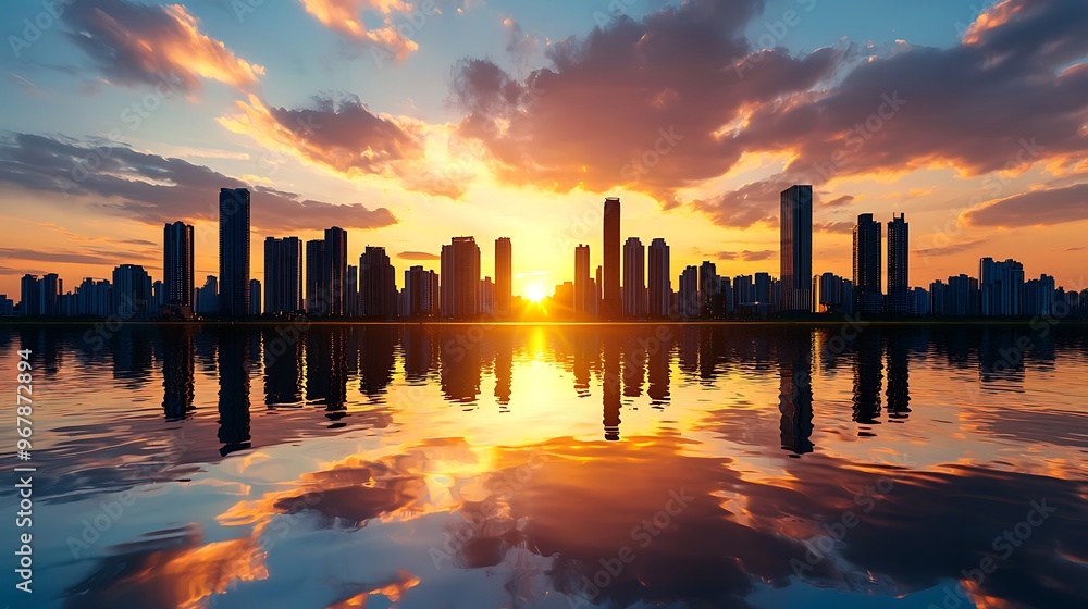 A city skyline reflects on the water at sunset, creating a stunning mirrored view. A city skyline reflects on the water at sunset, creating a stunning mirrored view.