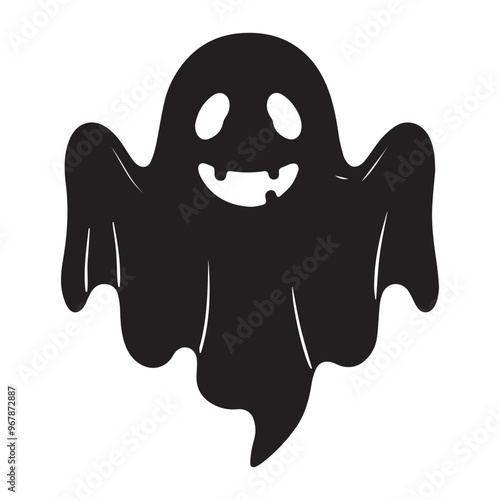 A simple and minimalist silhouette of a cheerful ghost. The ghost is completely black with a wide, friendly smile and large oval eyes, giving it a playful and approachable appearance 