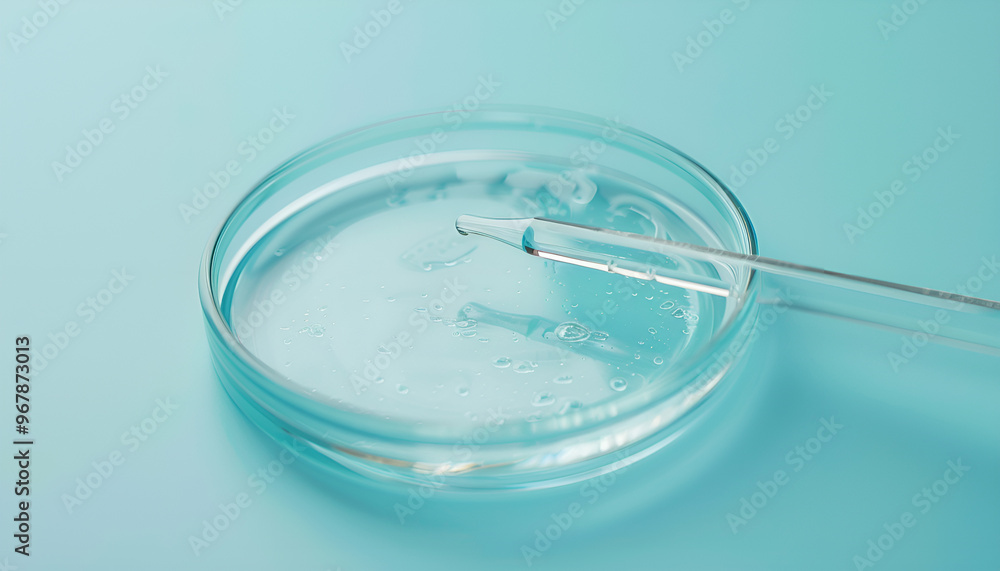 Glass pipette and petri dish with liquid on light blue background, closeup Glass pipette and petri dish with liquid on light blue background, closeup