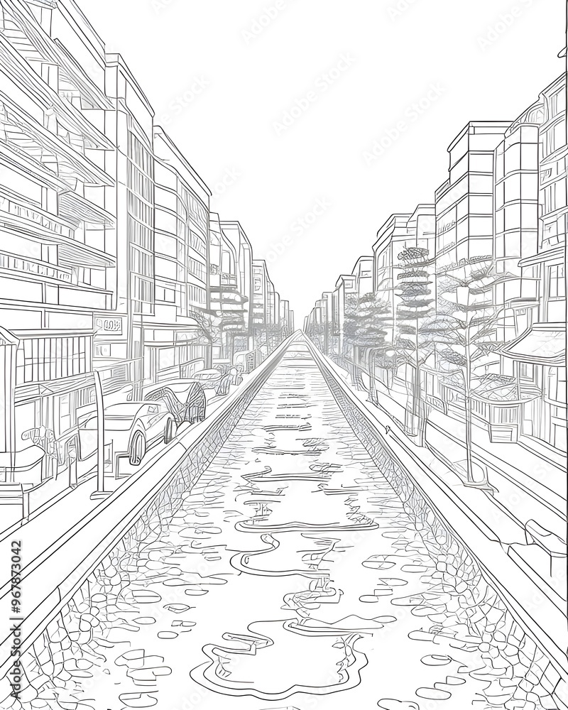 Fototapeta premium A drawing of a city street with a line drawing of a city.