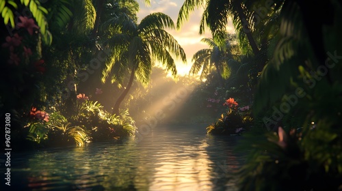 Fototapeta Naklejka Na Ścianę i Meble -  Tranquil Jungle Stream at Sunset