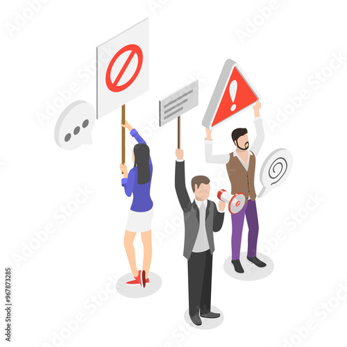 3D Isometric Flat Vector Illustration of Social Media Behavior, Boycott or Mass Riots. Item 3