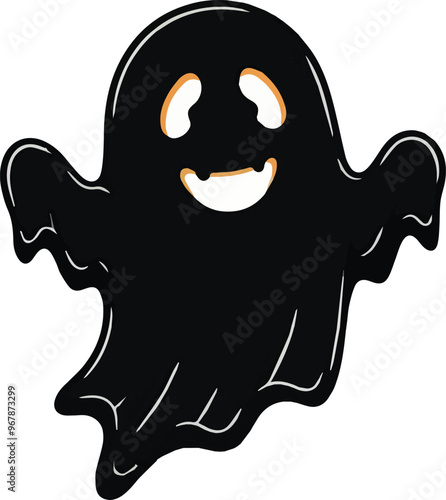 A simple and minimalist silhouette of a cheerful ghost. The ghost is completely black with a wide, friendly smile and large oval eyes, giving it a playful and approachable appearance 