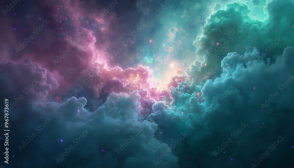 Cosmic nebula in mesmerizing teal and purple hues swirling through starry space Cosmic nebula in mesmerizing teal and purple hues swirling through starry space