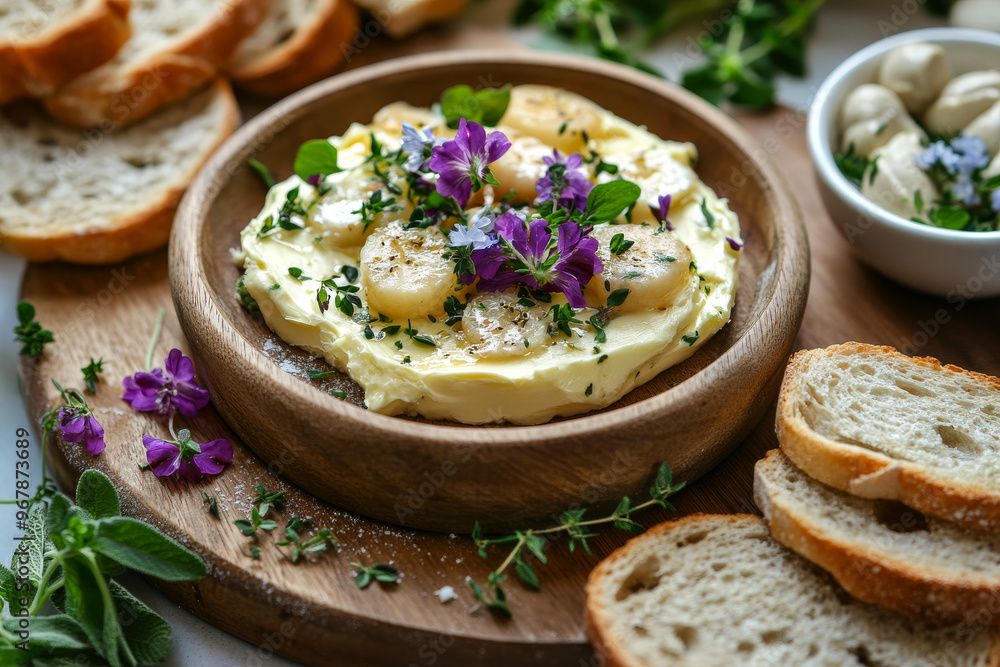 Soft butter spread in a wooden bowl, garnished with fresh herbs and edible flowers, served with slices of bread on a rustic kitchen table Soft butter spread in a wooden bowl, garnished with fresh herbs and edible flowers, served with slices of bread on a rustic kitchen table