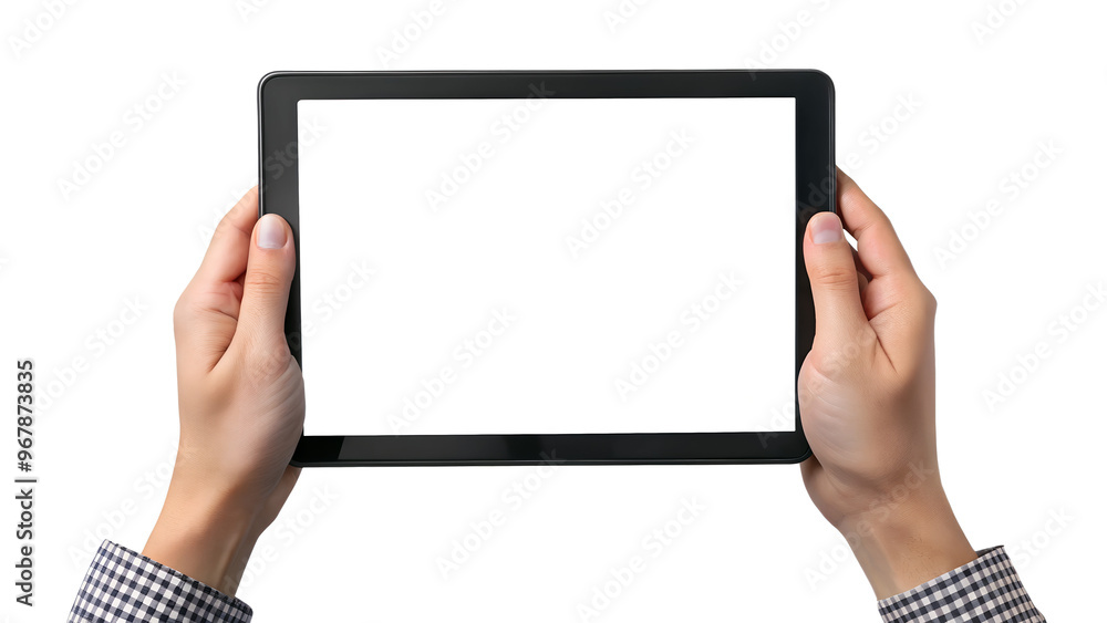 A pair of hands hold a blank tablet against a transparent background. The tablet screen is completely white, which indicates that it is turned off or is a placeholder,with copy space. AI generated. A pair of hands hold a blank tablet against a transparent background. The tablet screen is completely white, which indicates that it is turned off or is a placeholder,with copy space. AI generated.