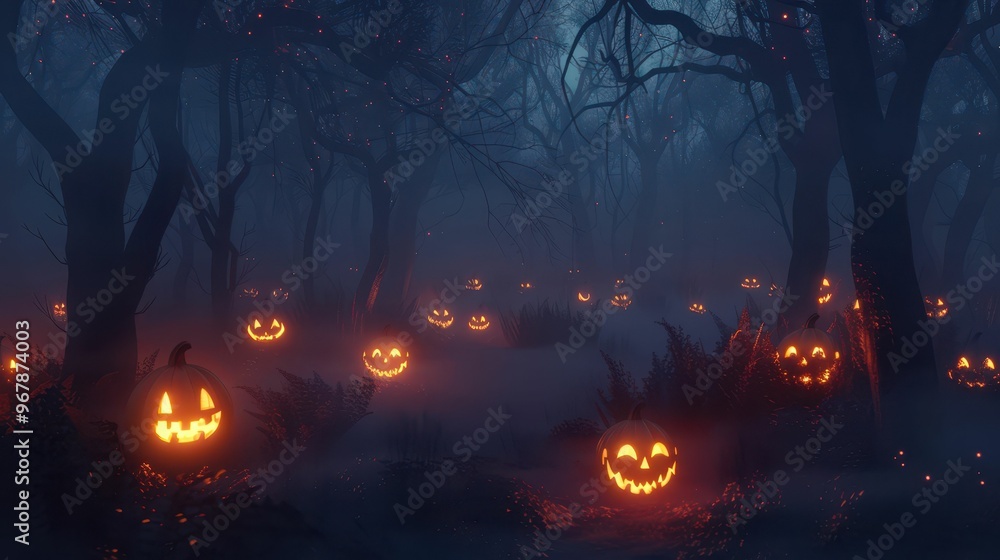 Eerie, foggy forest with glowing jack-o'-lanterns scattered throughout. Perfect for Halloween themes. Eerie, foggy forest with glowing jack-o'-lanterns scattered throughout. Perfect for Halloween themes.