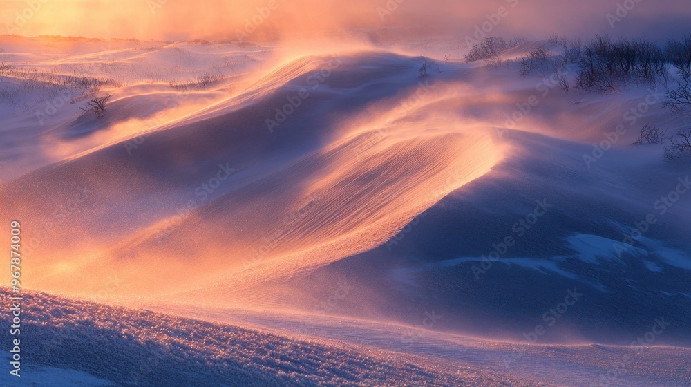 Serene snow-covered landscape with gentle wind and warm light at dawn. Serene snow-covered landscape with gentle wind and warm light at dawn.