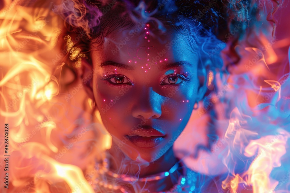 Enchantresses casting vibrant spells amidst flames in a mystical forest setting Enchantresses casting vibrant spells amidst flames in a mystical forest setting