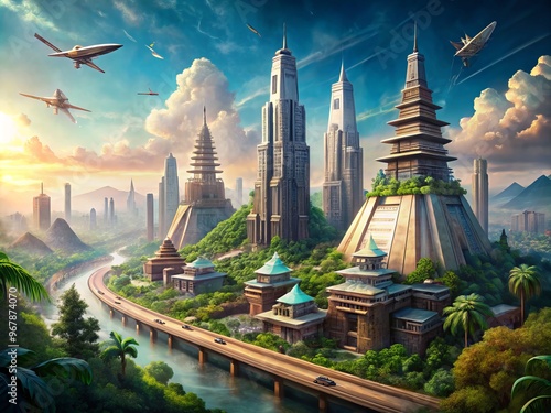 Mayan-inspired futuristic cityscape with towering structures and futuristic transportation photo