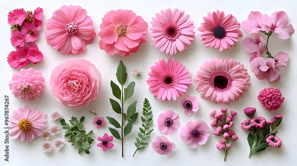 Flowers Collection. Pink flowers on white background. Flat lay, top view isolated on white background AI generated Flowers Collection. Pink flowers on white background. Flat lay, top view isolated on white background AI generated
