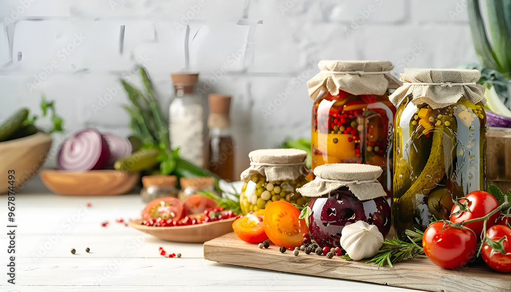 Different pickled products in jars and fresh vegetables on wooden table against white background Different pickled products in jars and fresh vegetables on wooden table against white background