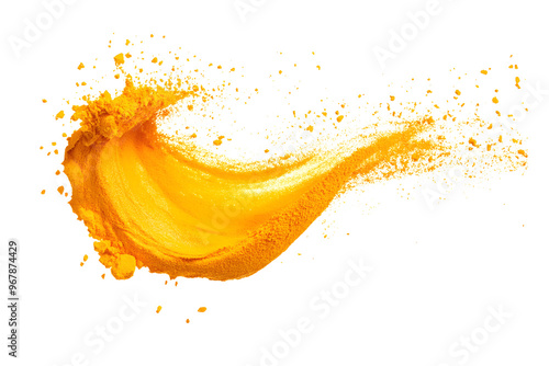 Splash of yellow turmeric powder isolated on transparent or white background, png