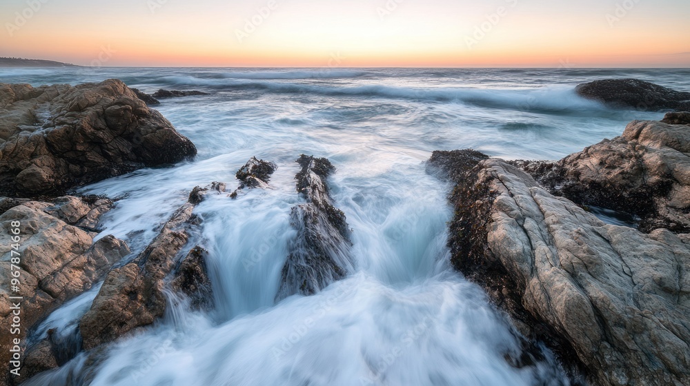 Fototapeta premium A serene coastal scene at sunset, showcasing waves crashing against rocky formations.