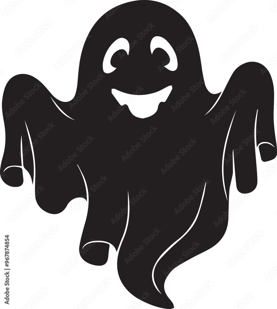 A simple and minimalist silhouette of a cheerful ghost. The ghost is completely black with a wide, friendly smile and large oval eyes, giving it a playful and approachable appearance A simple and minimalist silhouette of a cheerful ghost. The ghost is completely black with a wide, friendly smile and large oval eyes, giving it a playful and approachable appearance