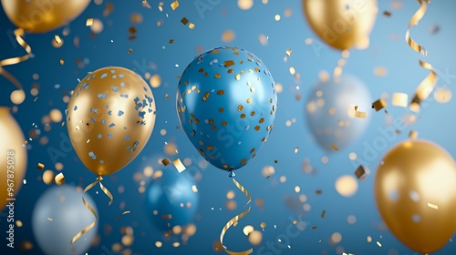 Blue and gold balloons with confetti on a blue background.