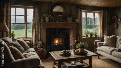 Cozy cottage room with English countryside-style decor and furnishings.