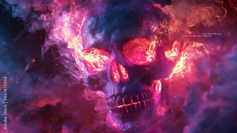 Epic skull surrounded by neon flames and glowing bones lighting up the dark atmosphere. Epic skull surrounded by neon flames and glowing bones lighting up the dark atmosphere.