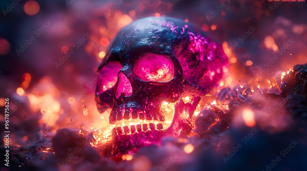 Skull with neon flames and glowing bones creating an intense fiery visual in a dark setting. Skull with neon flames and glowing bones creating an intense fiery visual in a dark setting.