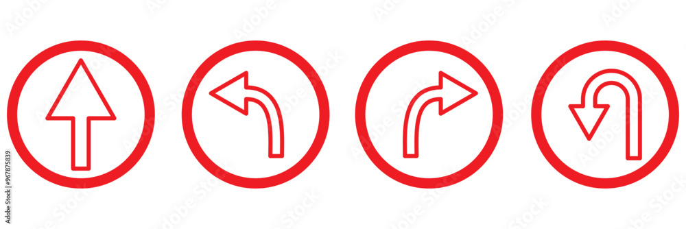 Go Straight This Way One Way Only U Turn Left and Right Black Arrow Sign Direction Icon Set. Vector Image. Go Straight This Way One Way Only U Turn Left and Right Black Arrow Sign Direction Icon Set. Vector Image.