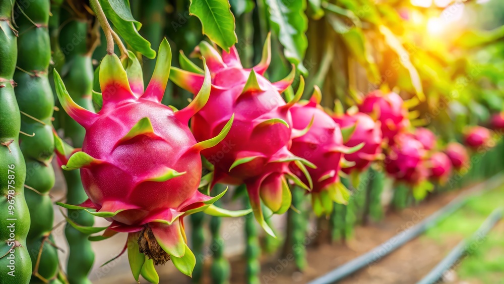 Vibrant dragon fruit plant with bright green leaves and vibrant pink fruit growing on a trellis against a Vibrant dragon fruit plant with bright green leaves and vibrant pink fruit growing on a trellis against a